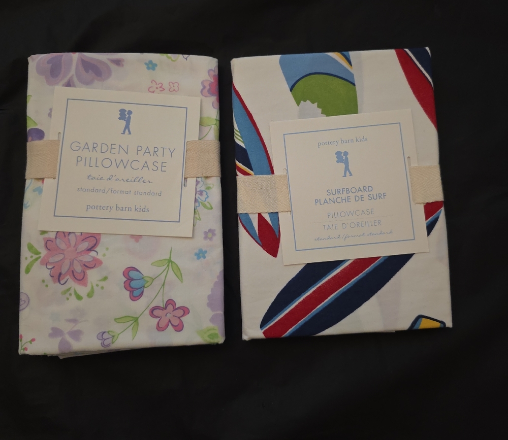 Pottery Barn Kids Pillowcase Set - Floral Garden Party & Surfboard Prints